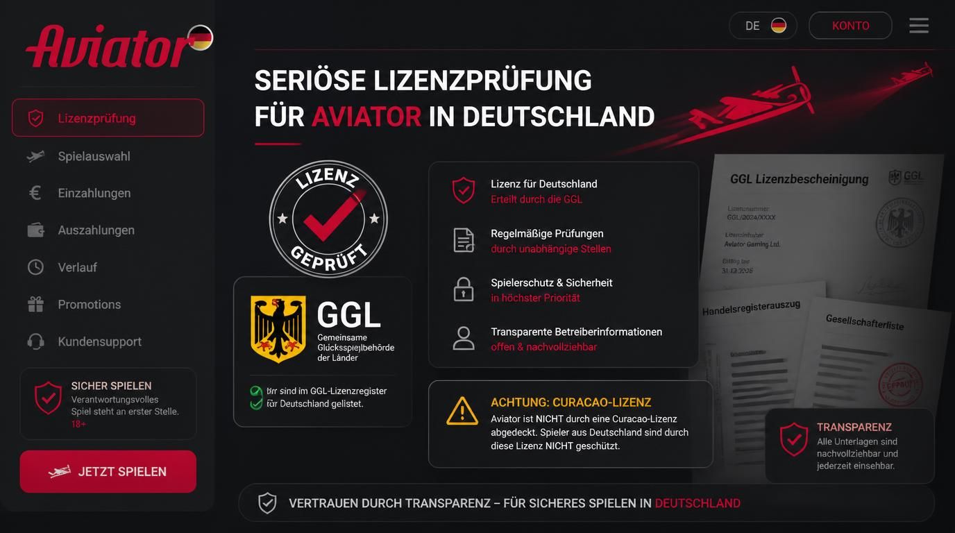 Ein offizielles GGL-Lizenz-Logo über Aviator Logo hinterlegt mit Siegel „Lizenz geprüft“.