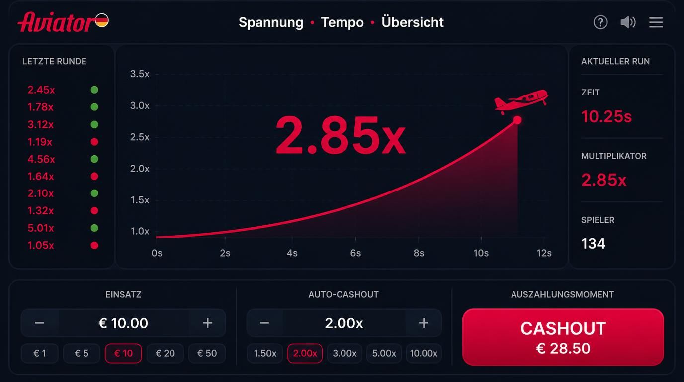 Schnittstellenansicht mit Multiplikatorkurve und klarer UI